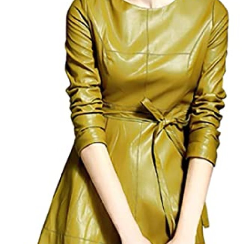 Womens Faux Leather Fashion Midi Bodycon A-line Dress with Belted